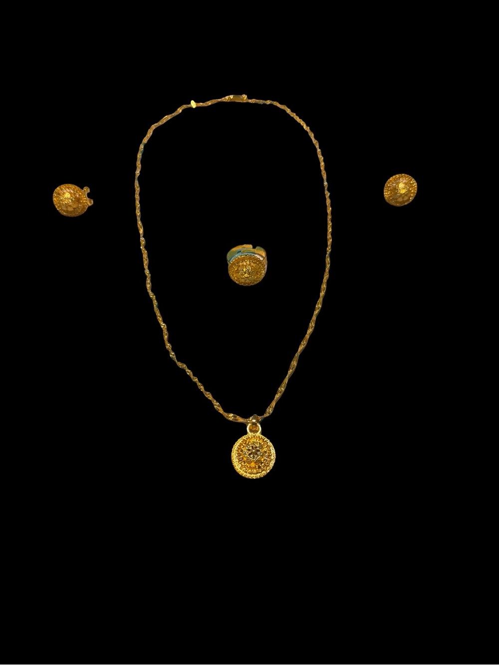 24k Dubai  Gold Plated Necklace Rope Style Chain W/Pendant , Earrings & Ring Set - Picture 5 of 11